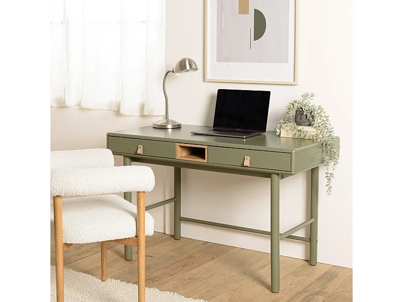 ETHAN - Bureau 2 tiroirs et 1 niche en bois naturel vert