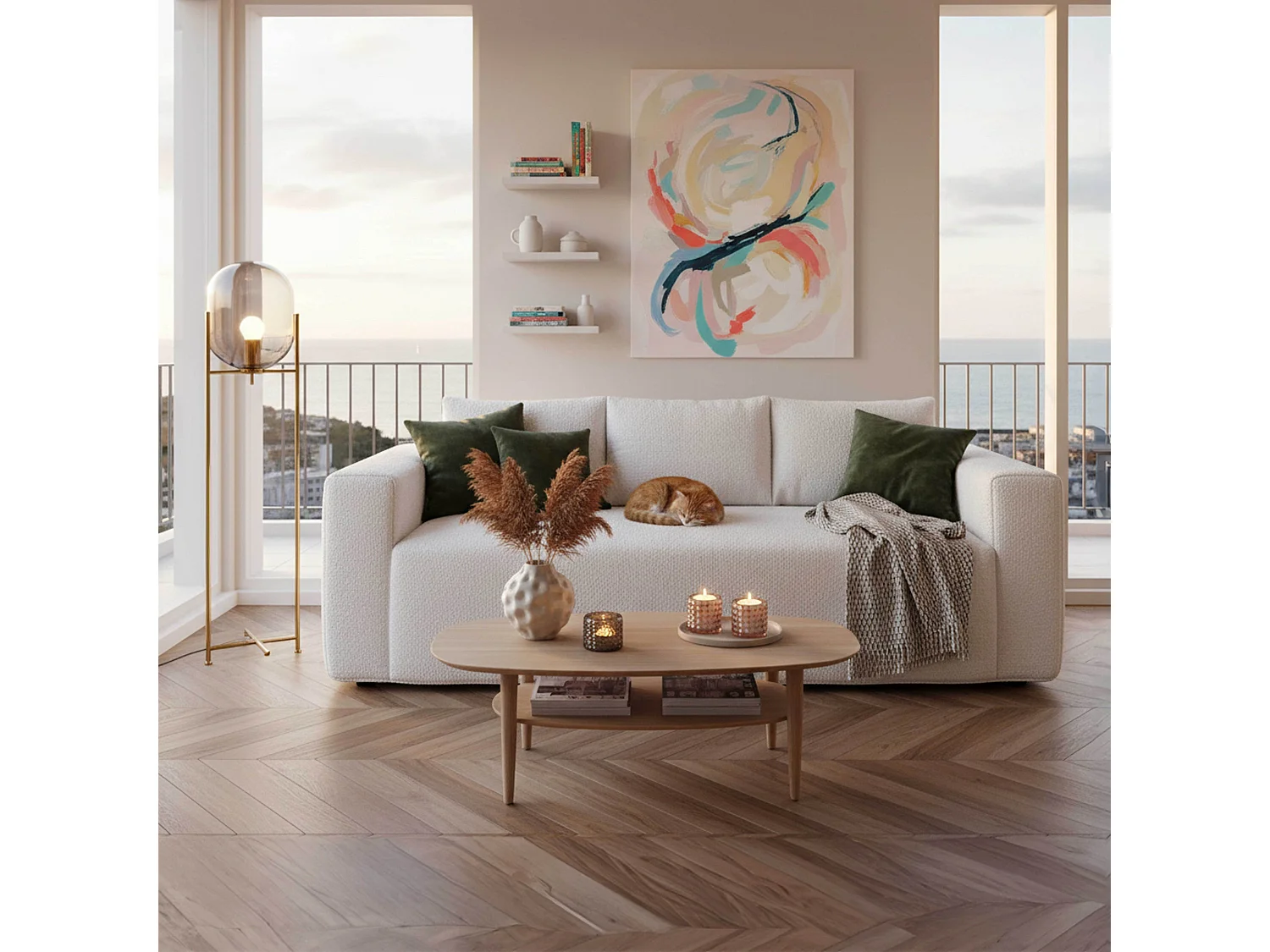 Canapé 3 places en tissu bouclette avec coussins écru