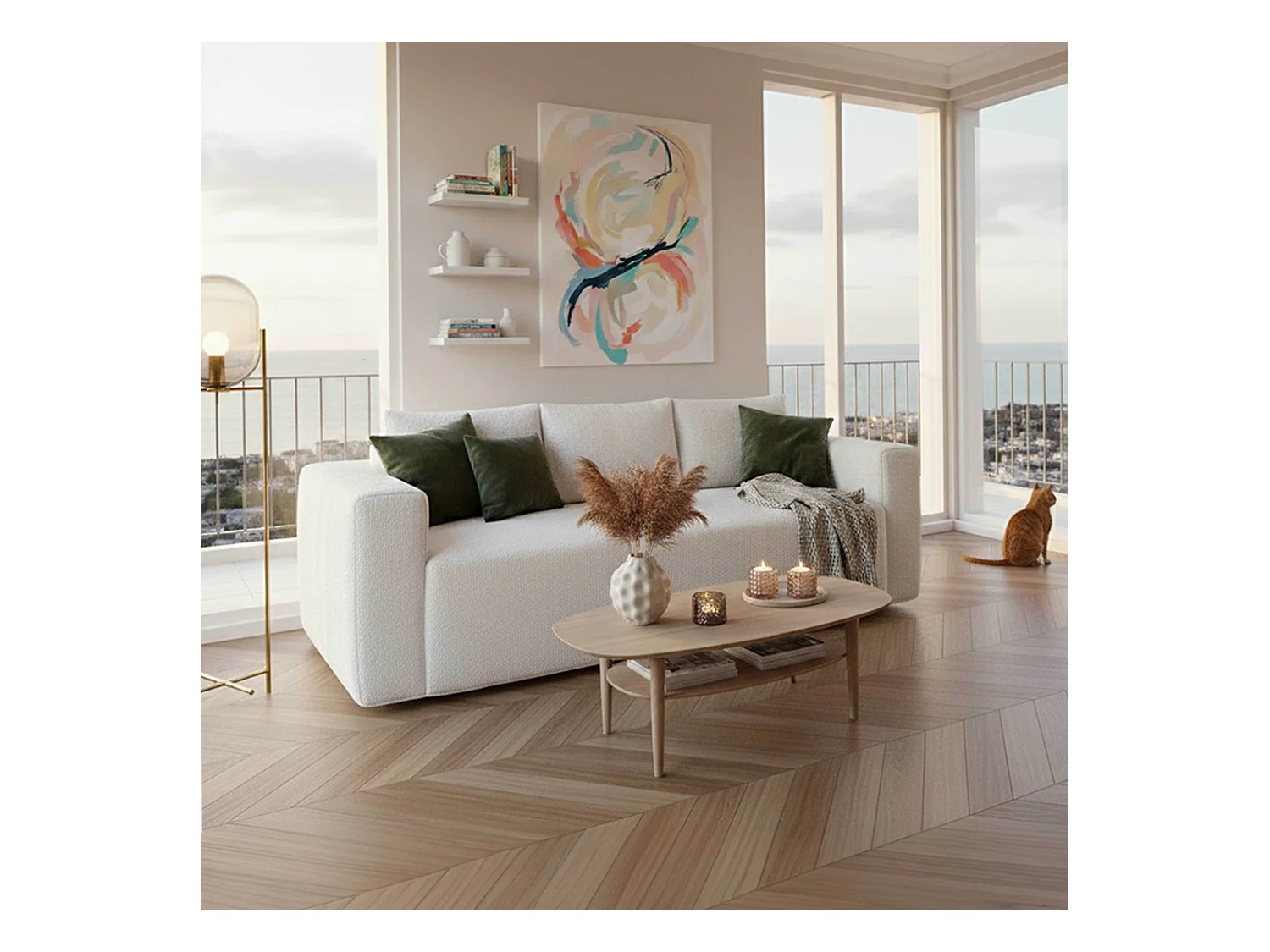 Canapé 3 places en tissu bouclette avec coussins écru