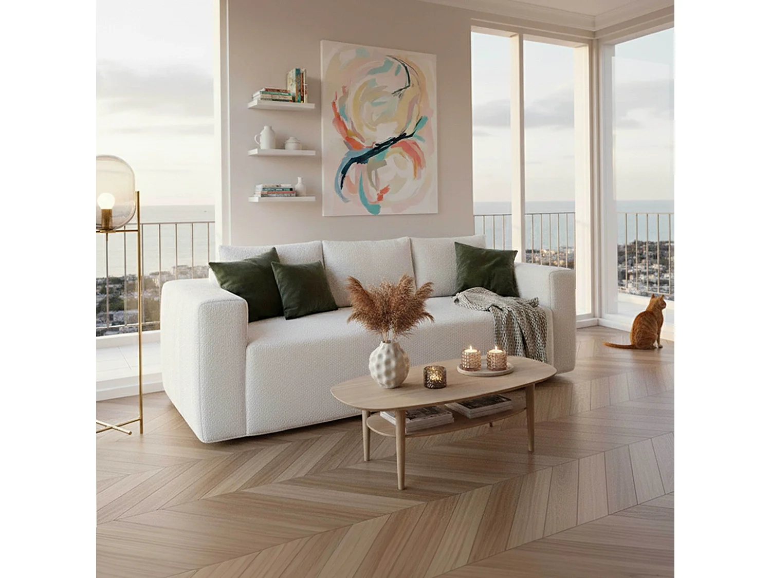 Canapé 3 places en tissu bouclette avec coussins écru L 200 cm