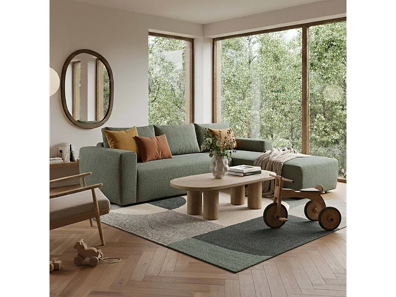 Canapé d'angle droit 4 places en tissu bouclette avec méridienne vert