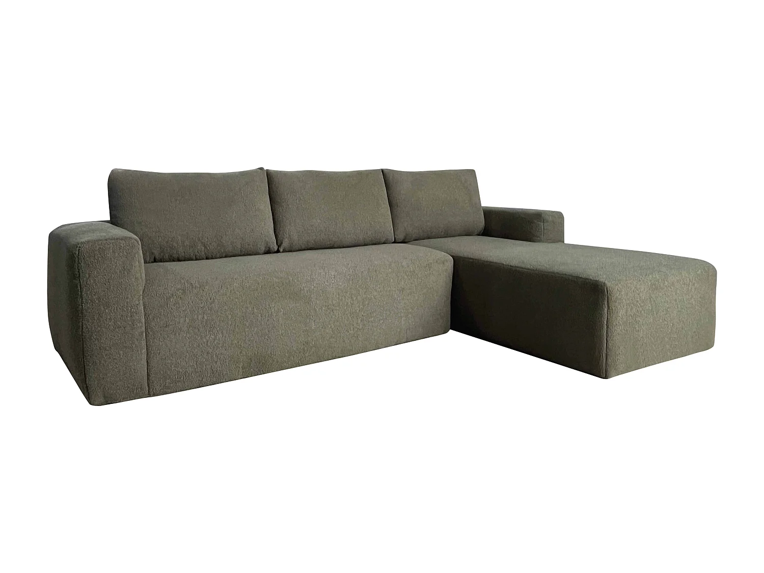 Canapé angle droit 4 places tissu bouclette et méridienne vert L265 cm