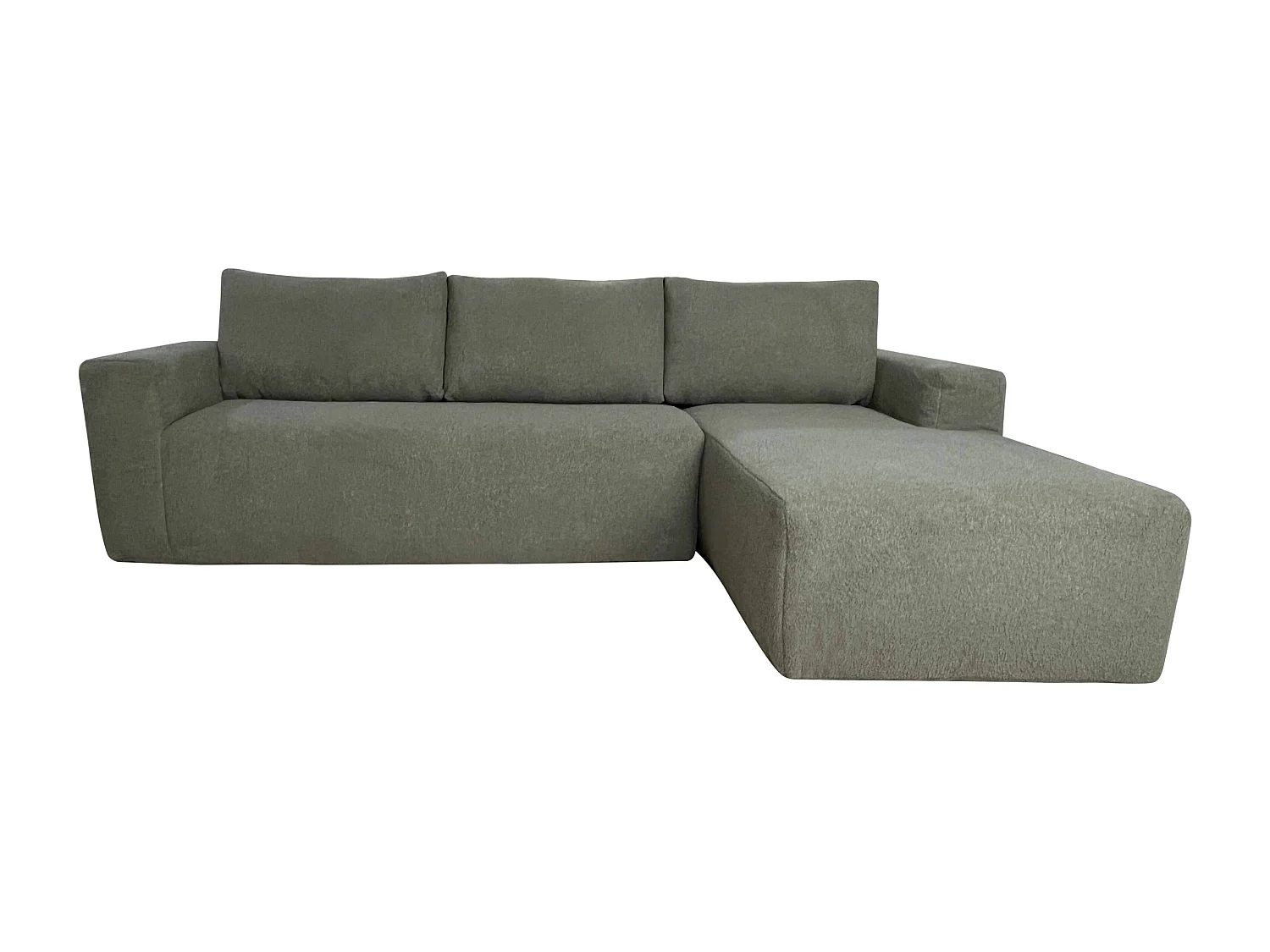 Canapé angle droit 4 places tissu bouclette et méridienne vert L265 cm