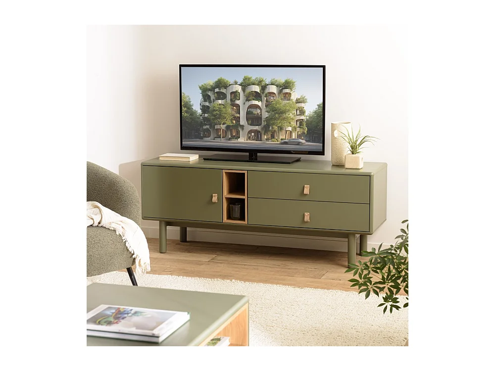 ETHAN - Meuble TV vert 1 porte, 2 tiroirs et 2 niches en bois naturel
