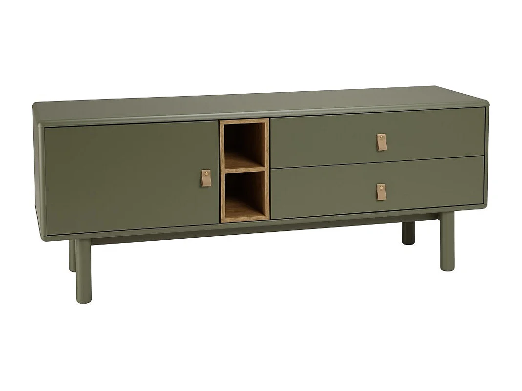 ETHAN - Meuble TV 1 porte, 2 tiroirs et 2 niches en bois vert