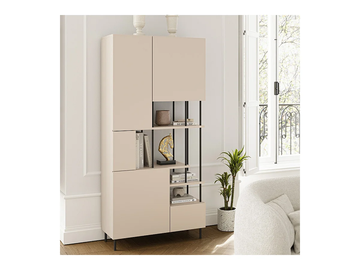 Bibliothèque 6 niveaux 5 portes beige 84 cm - Lise