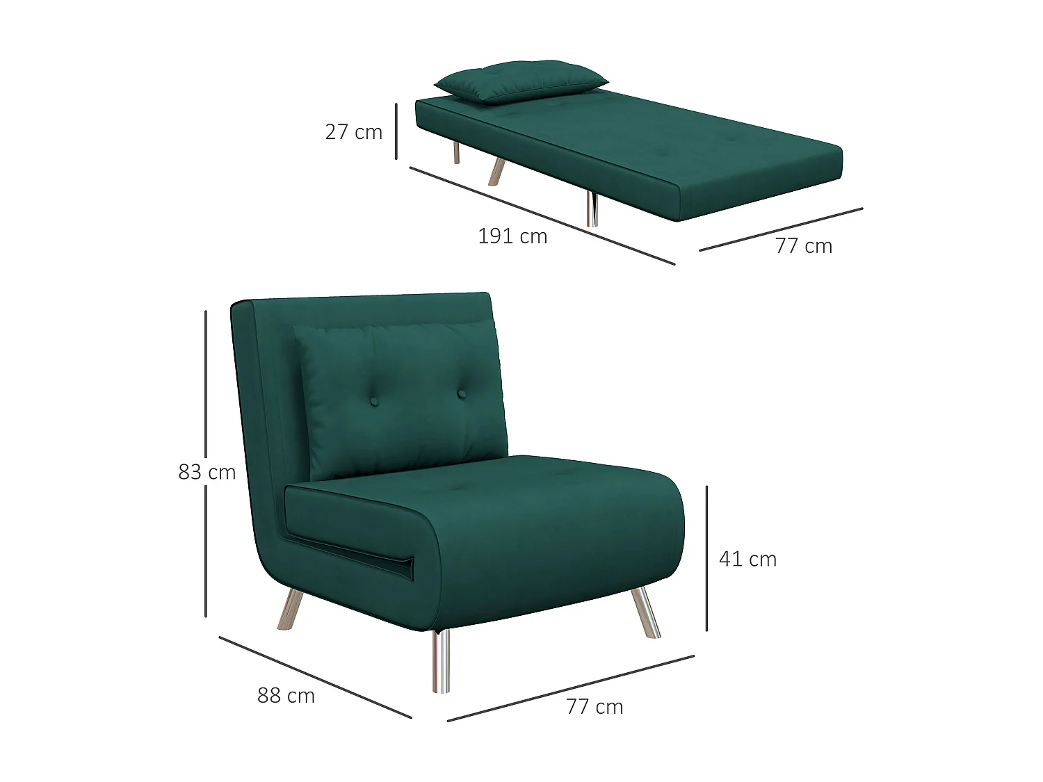 Sofá-cama conversível 3 em 1 em veludo verde escuro 77x88x83 cm com almofada para hóspedes