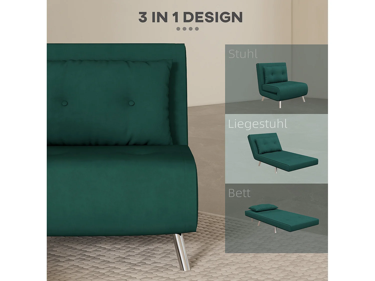 Sofá-cama conversível 3 em 1 em veludo verde escuro 77x88x83 cm com almofada para hóspedes