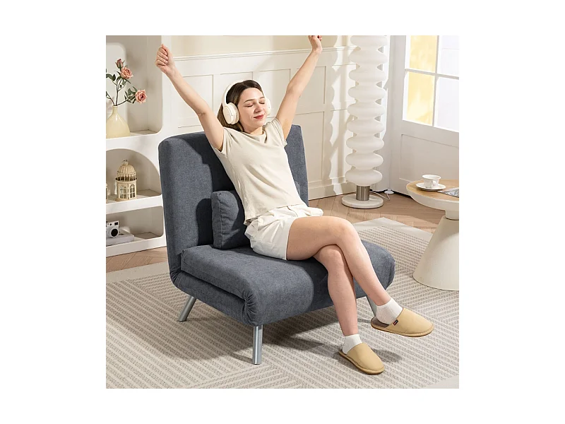 Sillón convertible 2 en 1 con cama plegable, sillón relajante de tela, para salón y dormitorio, gris oscuro, 80 x 75 x 83 cm