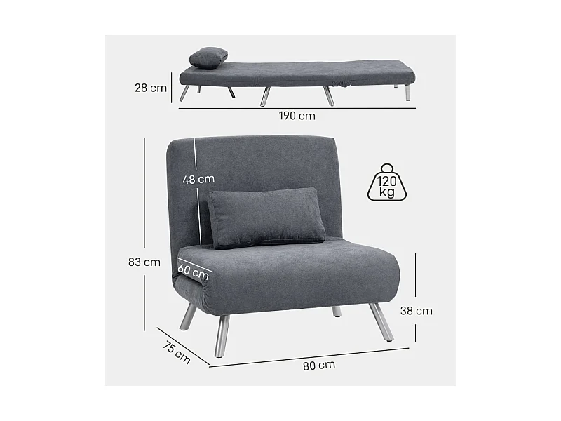 Sillón convertible 2 en 1 con cama plegable, sillón relajante de tela, para salón y dormitorio, gris oscuro, 80 x 75 x 83 cm