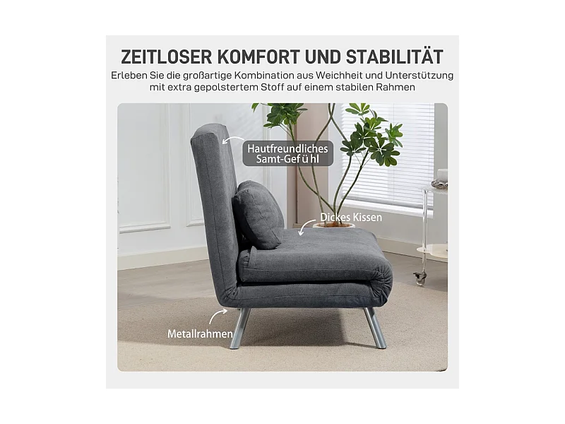 Sillón convertible 2 en 1 con cama plegable, sillón relajante de tela, para salón y dormitorio, gris oscuro, 80 x 75 x 83 cm