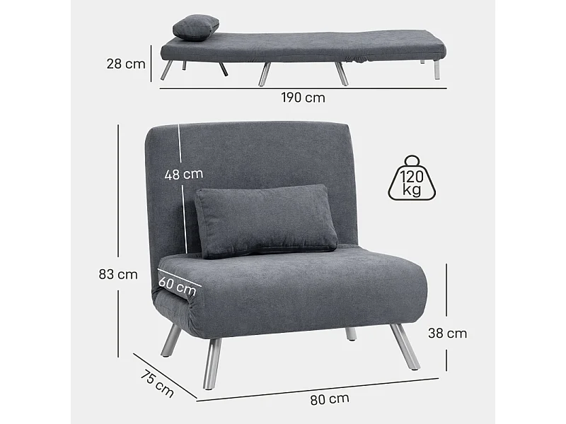 Poltrona conversível 2 em 1 com cama retrátil, poltrona relaxante de tecido, sala de estar e quarto, cinza escuro, 80 x 75 x 83 cm