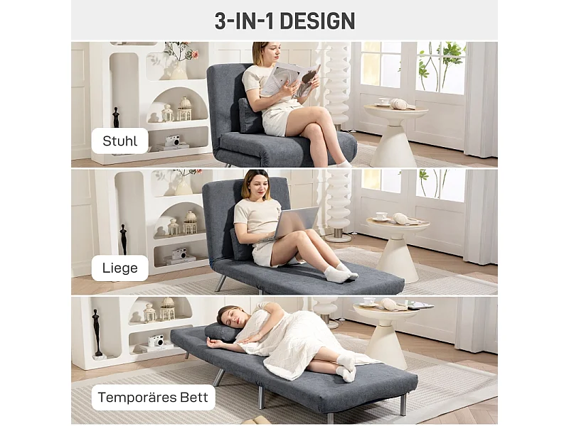 Poltrona conversível 2 em 1 com cama retrátil, poltrona relaxante de tecido, sala de estar e quarto, cinza escuro, 80 x 75 x 83 cm