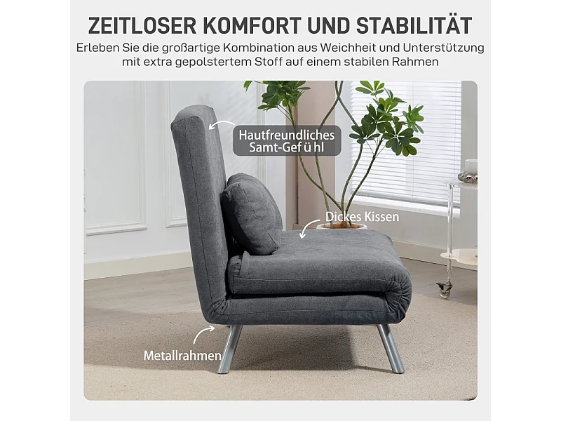 Poltrona conversível 2 em 1 com cama retrátil, poltrona relaxante de tecido, sala de estar e quarto, cinza escuro, 80 x 75 x 83 cm