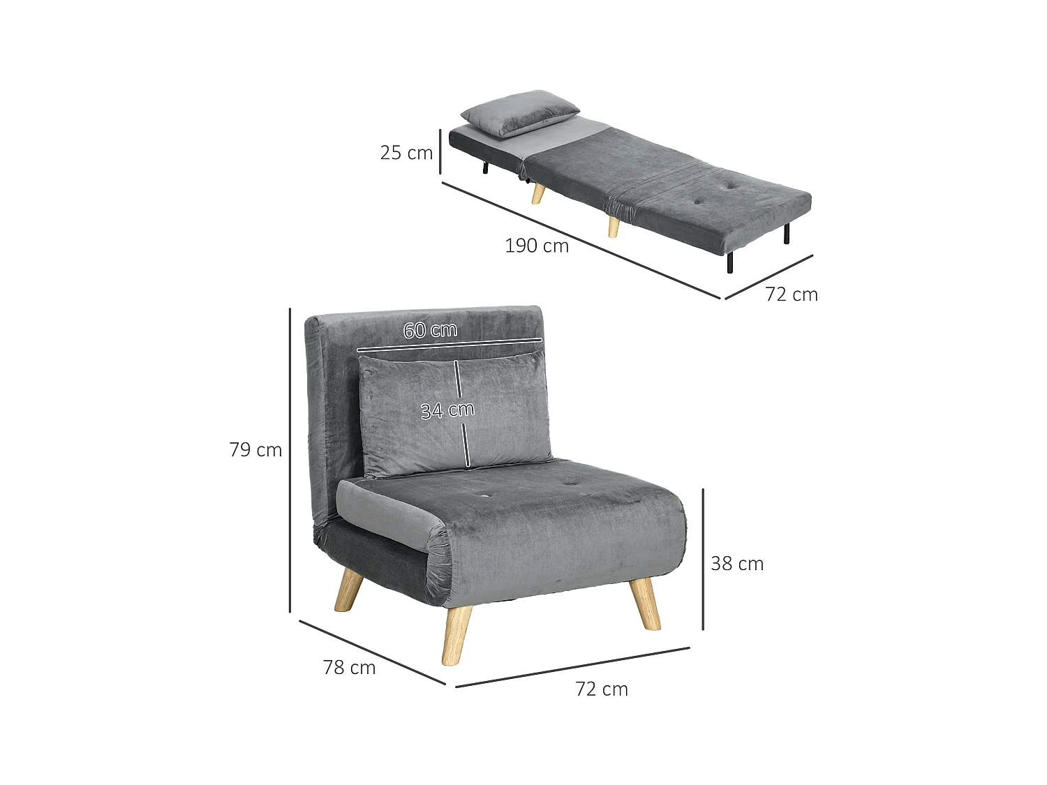 Saco de dormir 2 en 1 con respaldo y cojín ajustables, cama de invitados gris, 72x78x79 cm