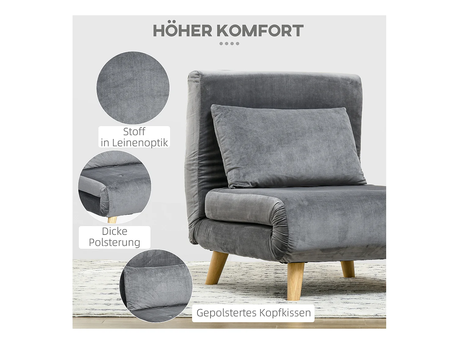 Saco de dormir 2 en 1 con respaldo y cojín ajustables, cama de invitados gris, 72x78x79 cm