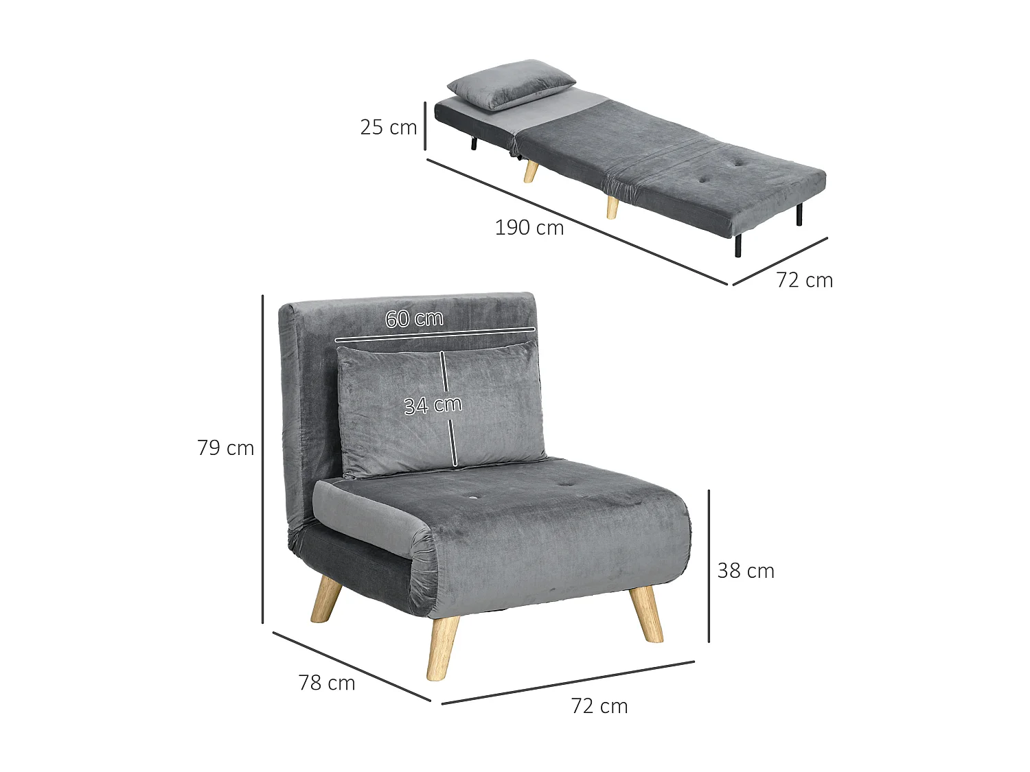 Saco de dormir 2 en 1 con respaldo y cojín ajustables, cama de invitados gris, 72x78x79 cm