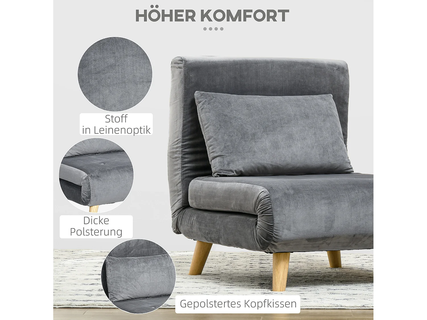 Saco de dormir 2 en 1 con respaldo y cojín ajustables, cama de invitados gris, 72x78x79 cm