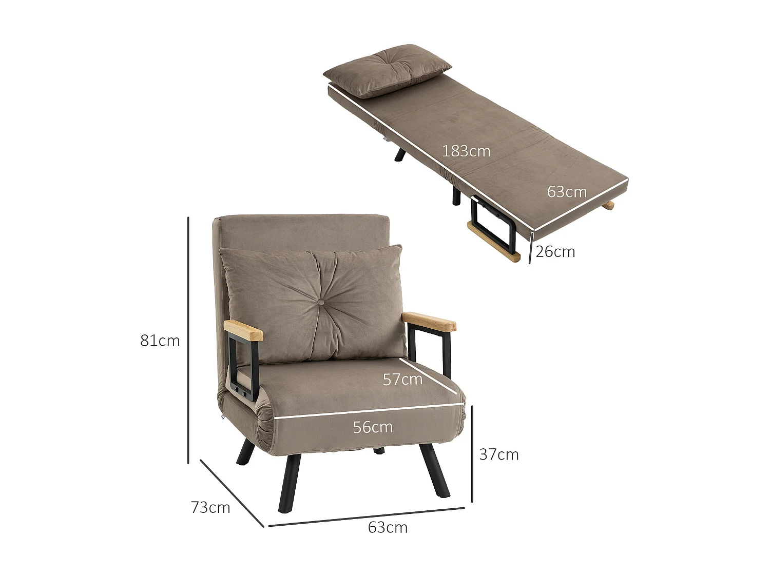 Poltrona illuminata convertibile in velluto con cassettiera regolabile in 5 posizioni per salone o camera 63x73 cm beige