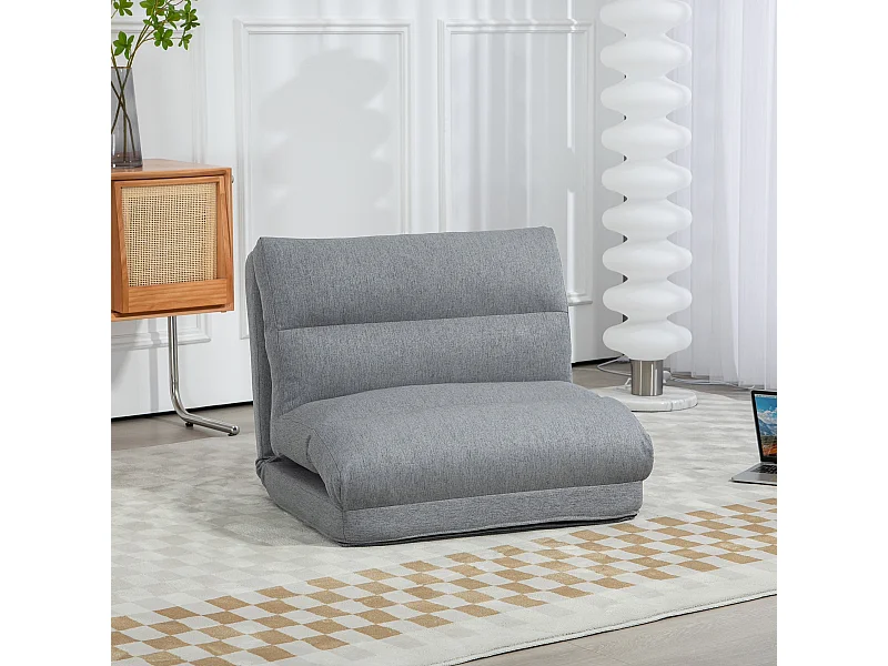 Sillón bajo plegable de lino gris con 6 posiciones, convertible en cama de salón 70x41x56 cm