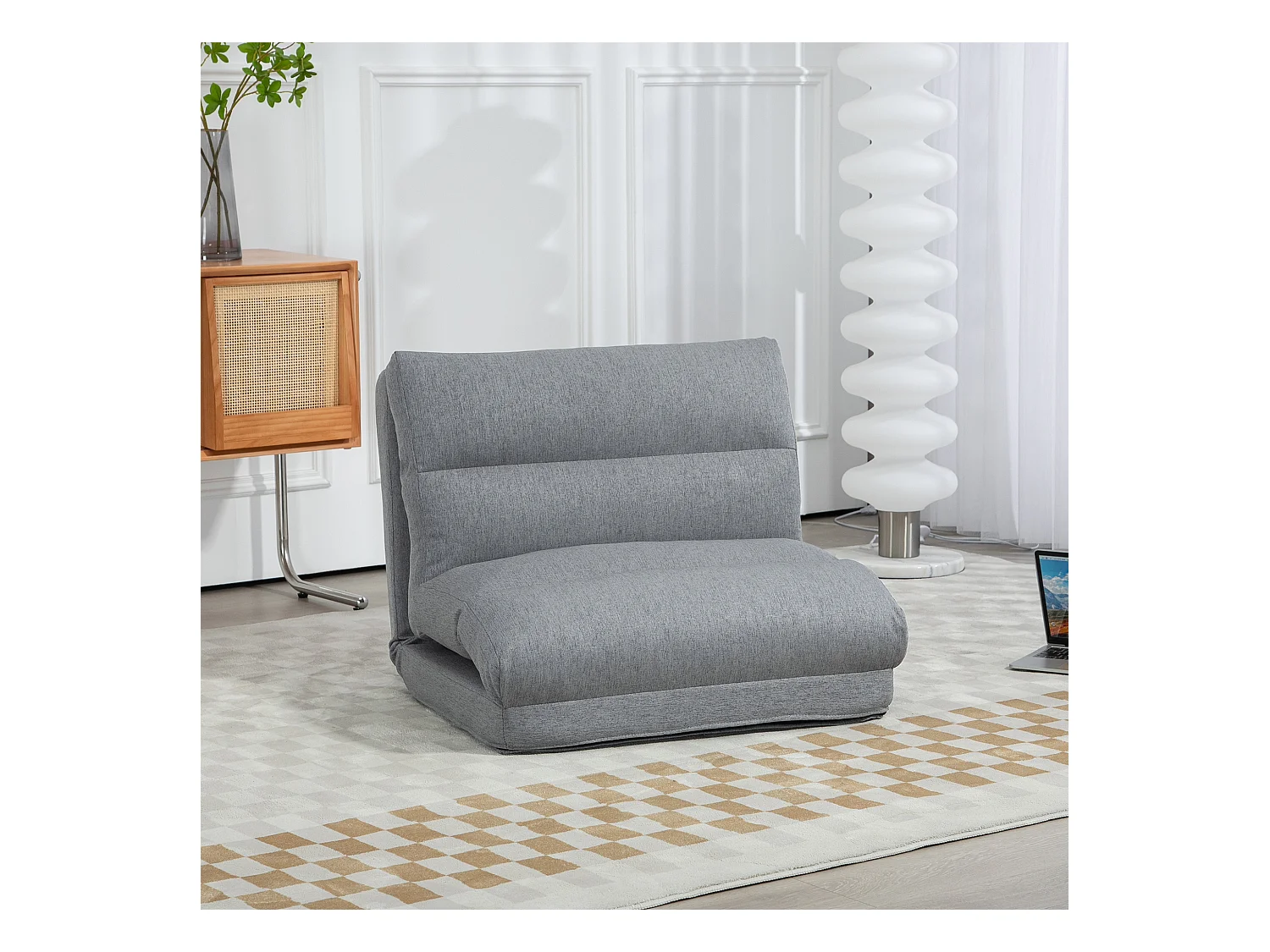 Sillón bajo plegable de lino gris con 6 posiciones, convertible en cama de salón 70x41x56 cm