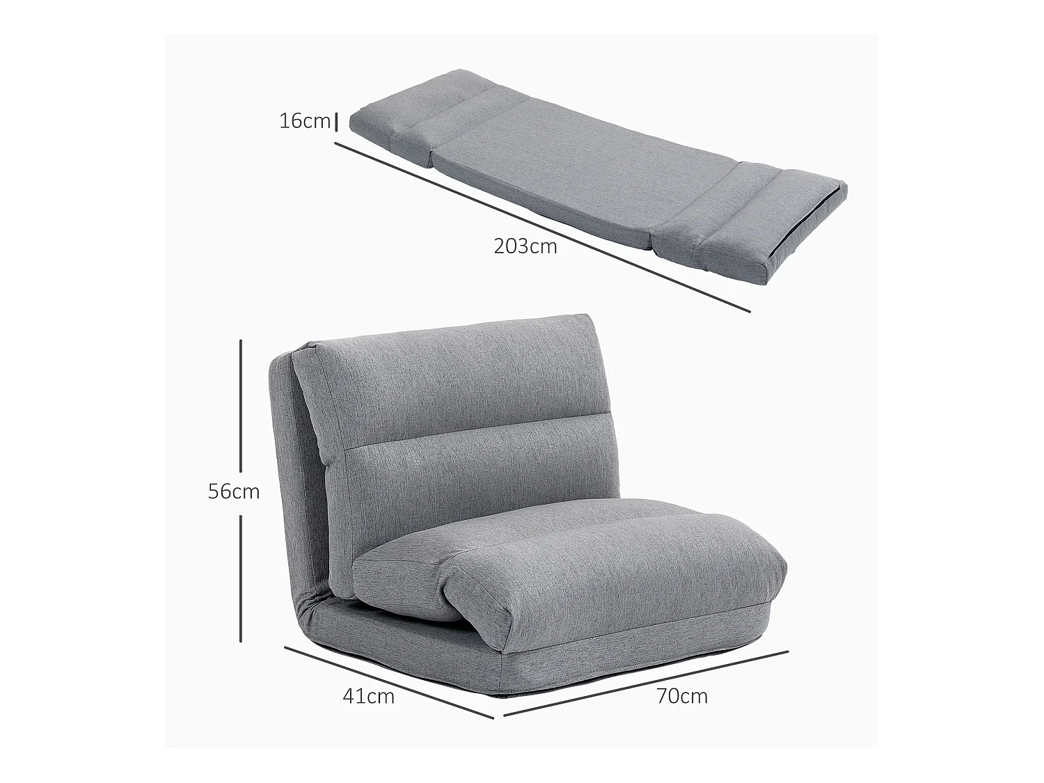 Sillón bajo plegable de lino gris con 6 posiciones, convertible en cama de salón 70x41x56 cm