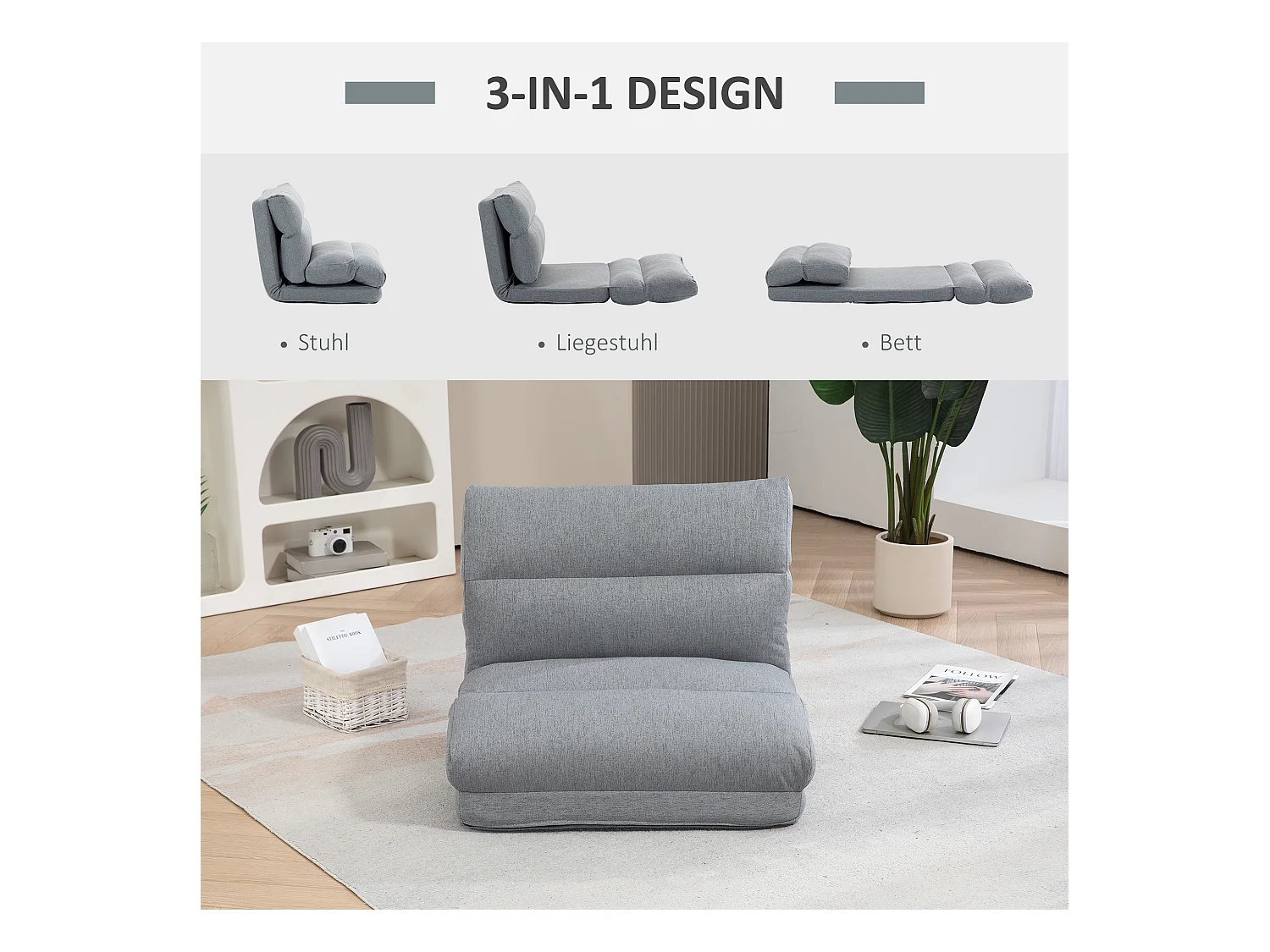 Sillón bajo plegable de lino gris con 6 posiciones, convertible en cama de salón 70x41x56 cm