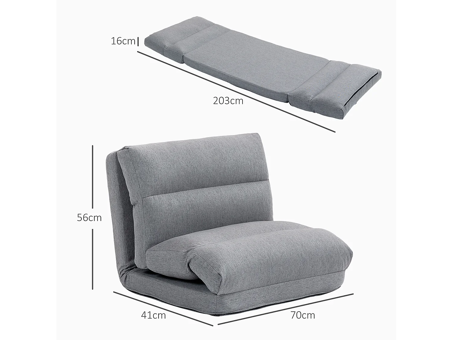 Sillón bajo plegable de lino gris con 6 posiciones, convertible en cama de salón 70x41x56 cm