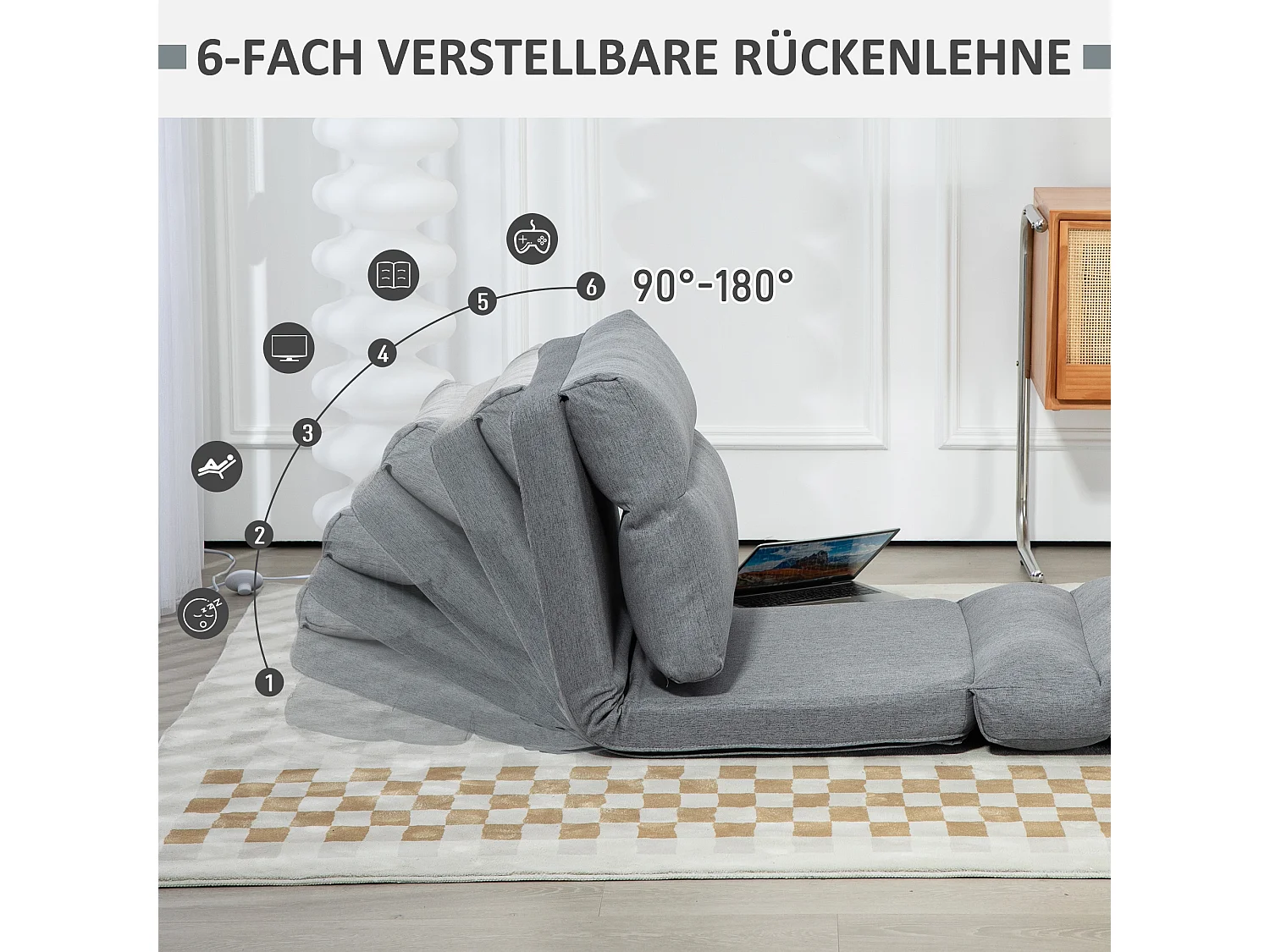 Sillón bajo plegable de lino gris con 6 posiciones, convertible en cama de salón 70x41x56 cm