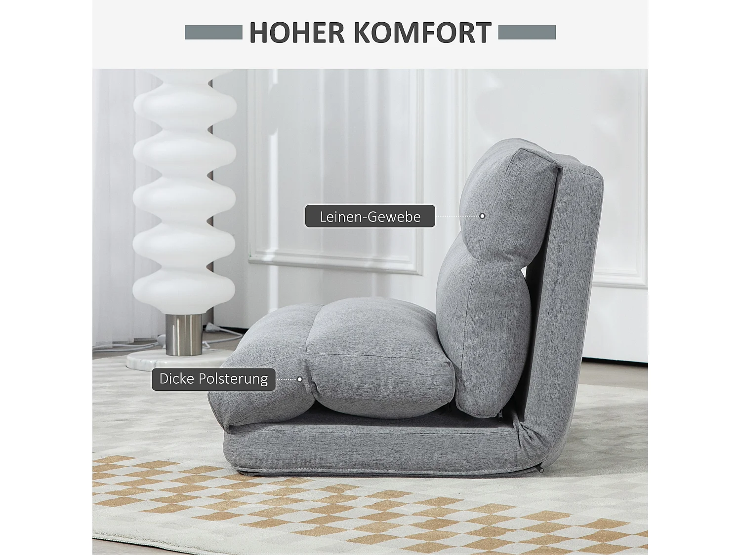 Sillón bajo plegable de lino gris con 6 posiciones, convertible en cama de salón 70x41x56 cm