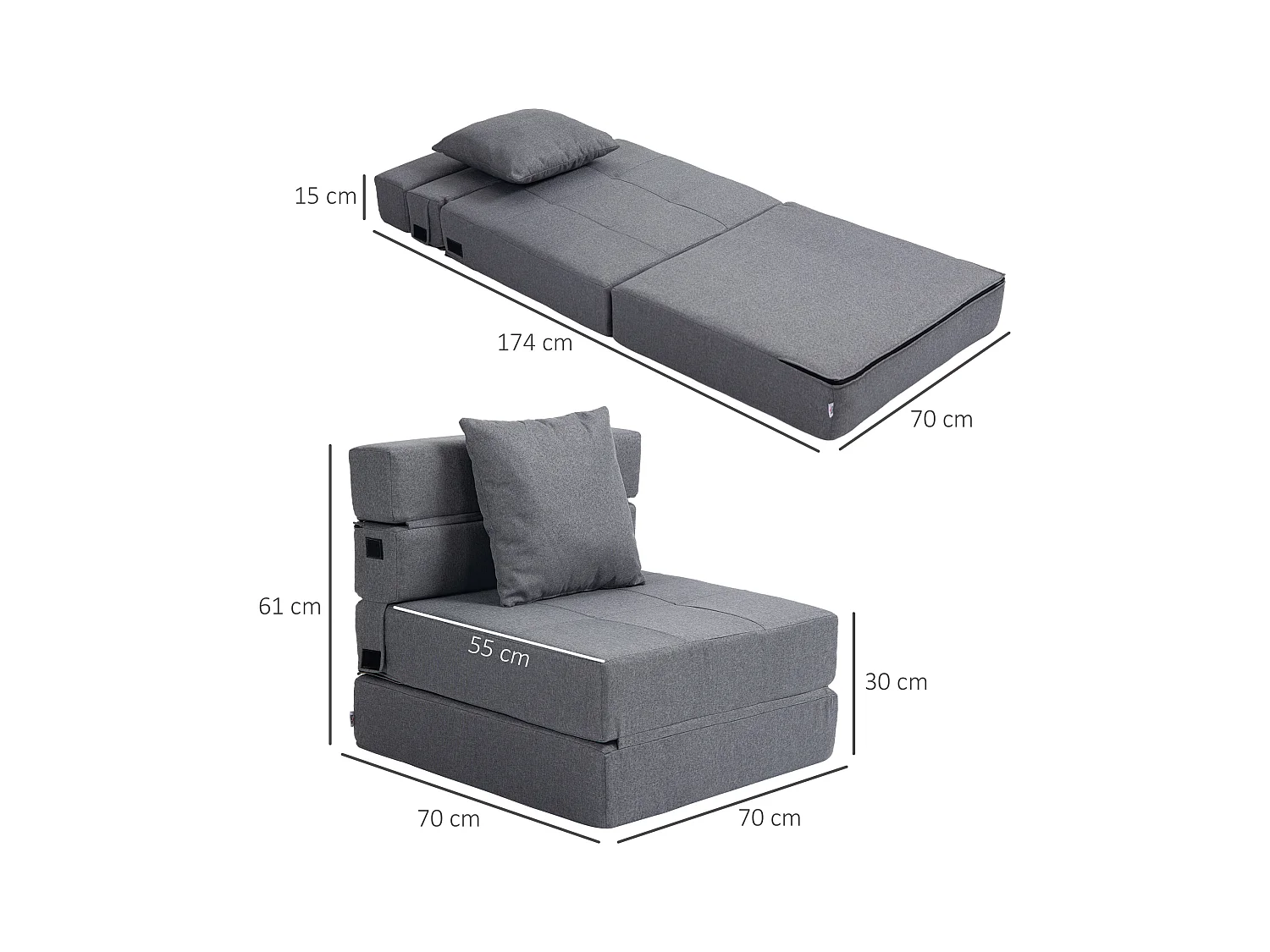 Sillón cama plegable convertible de poliéster con cojín para salón dormitorio despacho 70x70 cm gris oscuro
