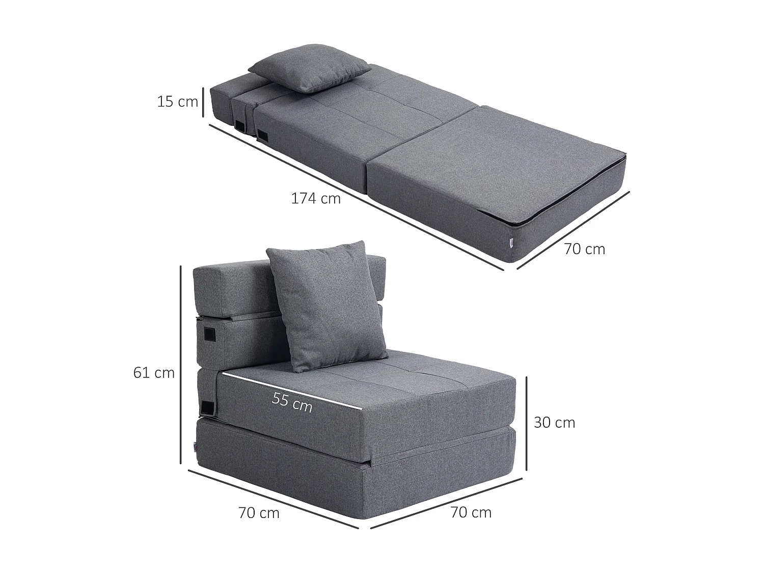 Sillón cama plegable convertible de poliéster con cojín para salón dormitorio despacho 70x70 cm gris oscuro