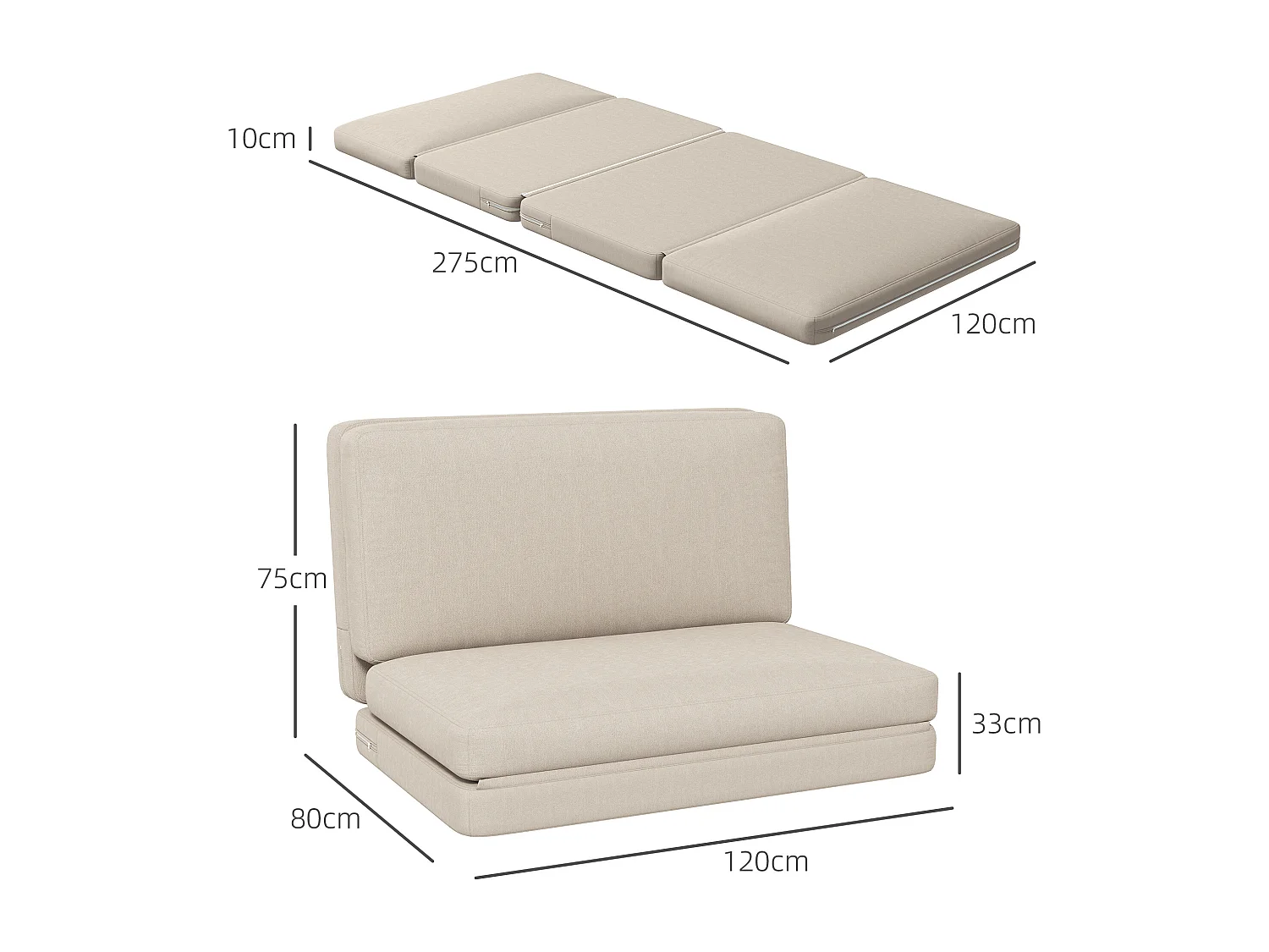 Bodensofa 3‑en‑1 velour trasformabile canapé-lit rembourré beige 240 kg