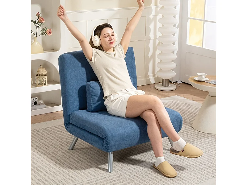 Polstersessel Convertible 2-en-1, Fauteuil Relax avec Lit Escamotable, Tissu, Salon et Chambre, Bleu, 80 x 75 x 83 cm