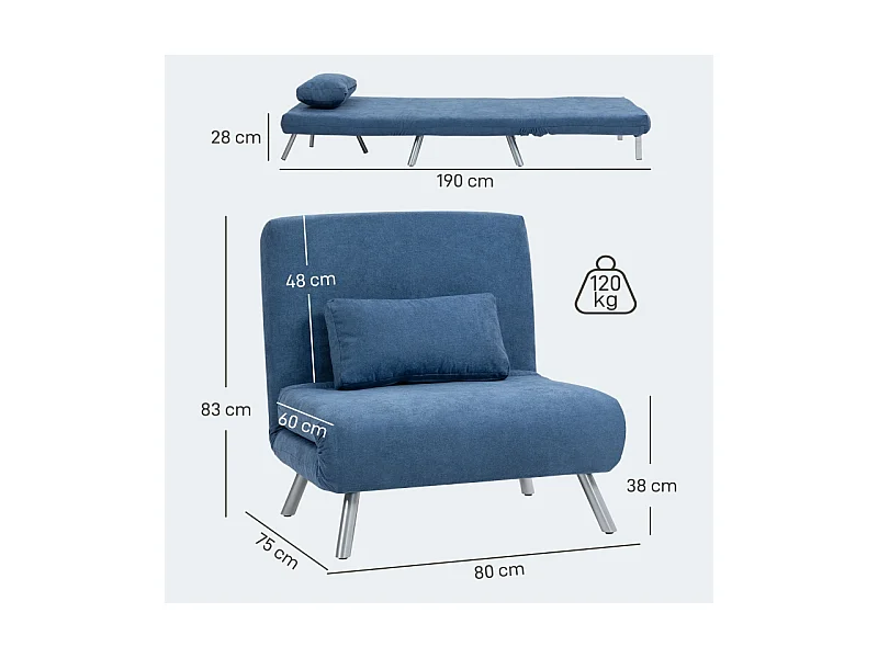 Polstersessel Conversível 2 em 1, Poltrona Relaxante com Cama Dobrável, Tecido, Sala de Estar e Quarto, Azul, 80 x 75 x 83 cm