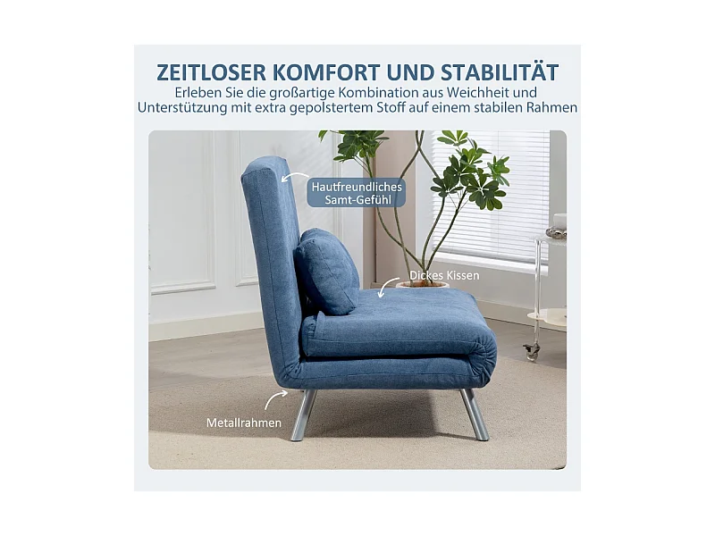 Polstersessel Conversível 2 em 1, Poltrona Relaxante com Cama Dobrável, Tecido, Sala de Estar e Quarto, Azul, 80 x 75 x 83 cm