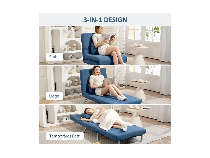 Polstersessel Convertible 2-en-1, Fauteuil Relax avec Lit Escamotable, Tissu, Salon et Chambre, Bleu, 80 x 75 x 83 cm