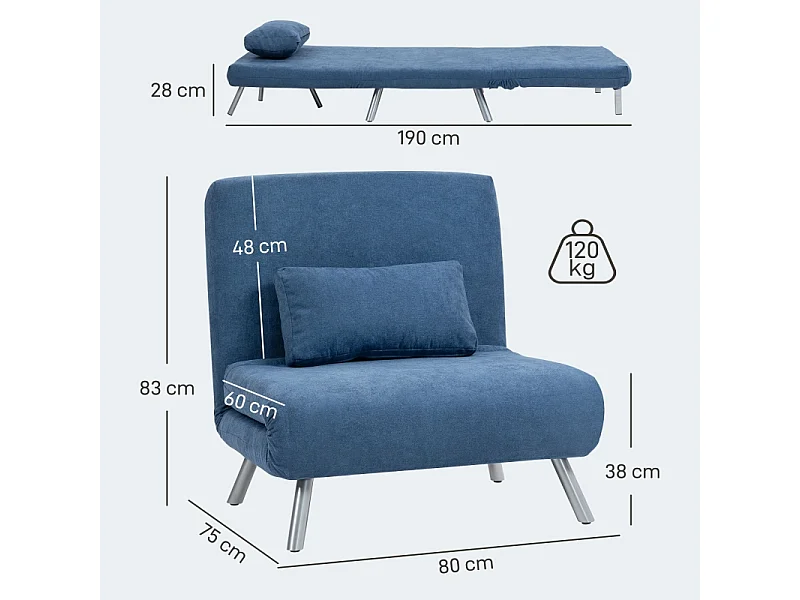 Polstersessel Conversível 2 em 1, Poltrona Relaxante com Cama Dobrável, Tecido, Sala de Estar e Quarto, Azul, 80 x 75 x 83 cm