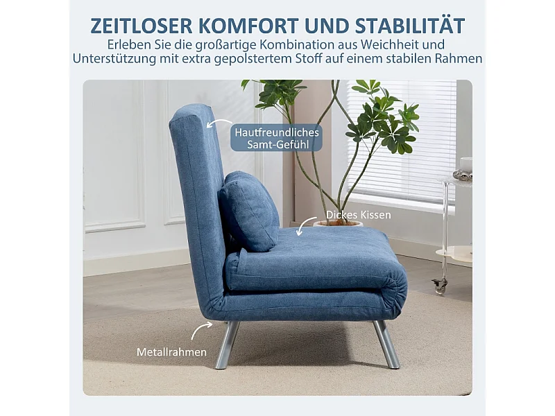 Polstersessel Conversível 2 em 1, Poltrona Relaxante com Cama Dobrável, Tecido, Sala de Estar e Quarto, Azul, 80 x 75 x 83 cm