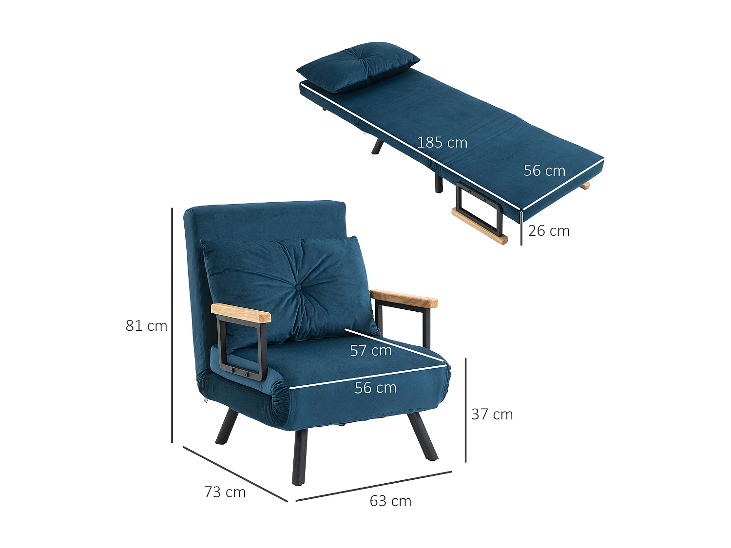 Poltrona conversível de veludo com função de cama e encosto ajustável, sala de estar azul 63x73x81cm