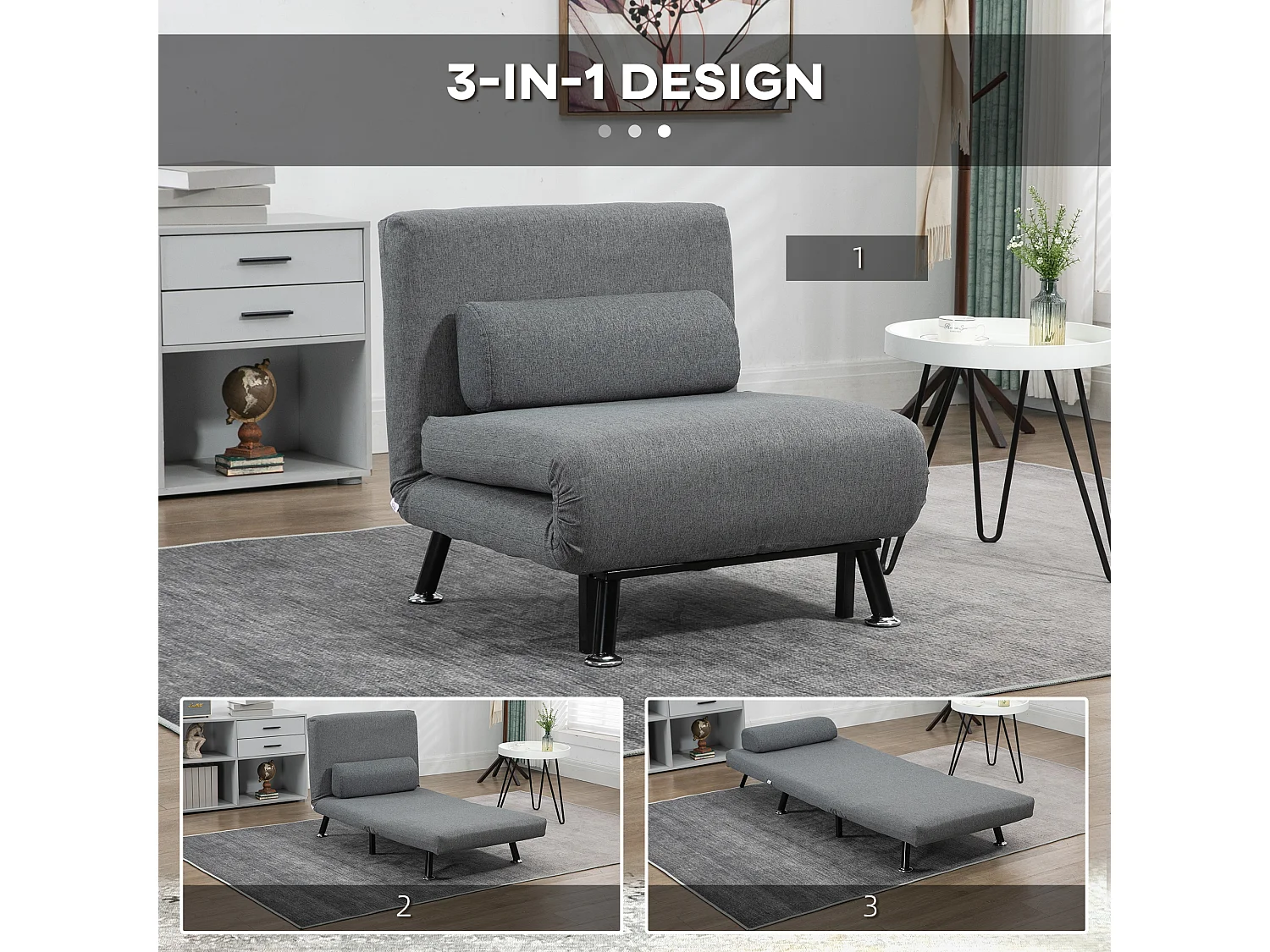 Sillón plegable convertible 2 en 1 de poliéster gris oscuro para salón o dormitorio 75x70x75 cm