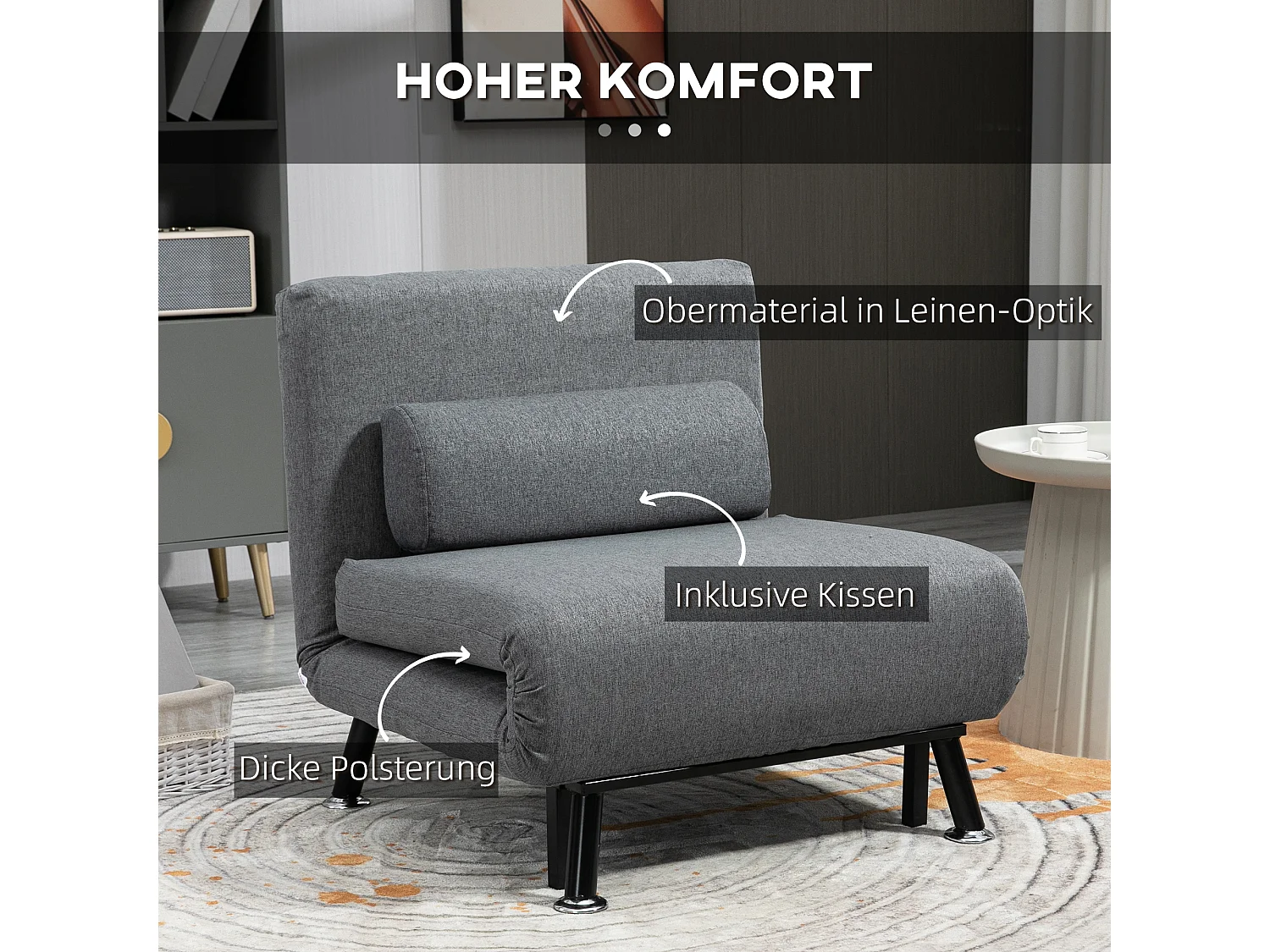 Sillón plegable convertible 2 en 1 de poliéster gris oscuro para salón o dormitorio 75x70x75 cm