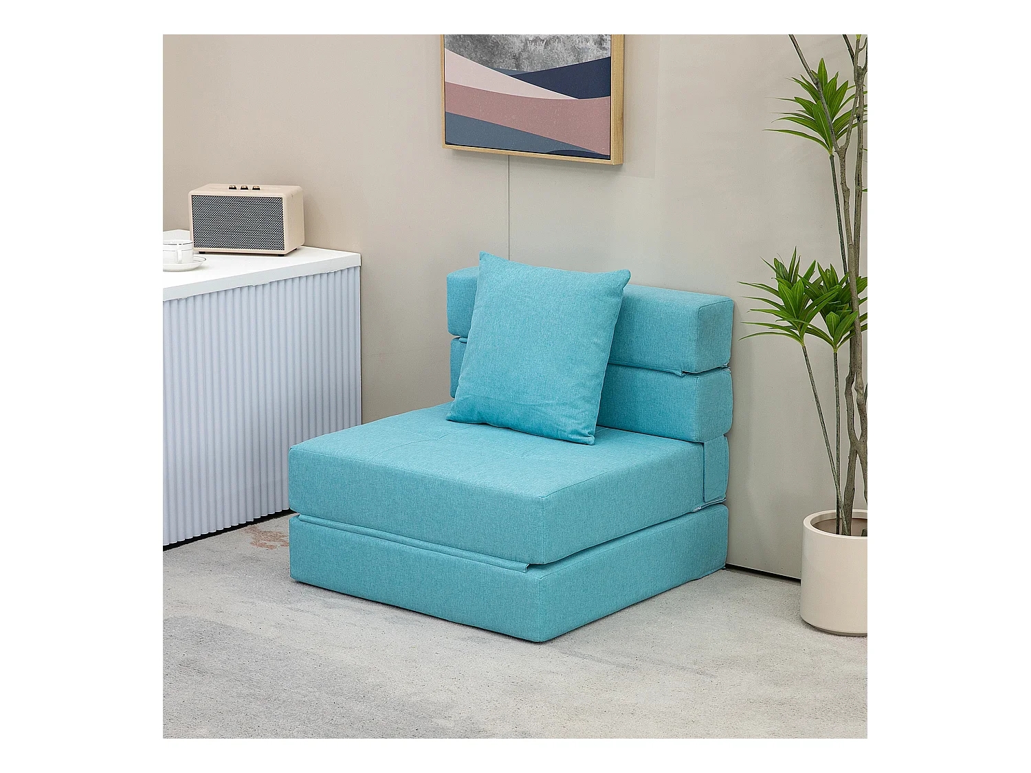 Poltrona-cama dobrável 2 em 1 em tecido efeito linho com encosto ajustável e almofada azul 70x70 cm