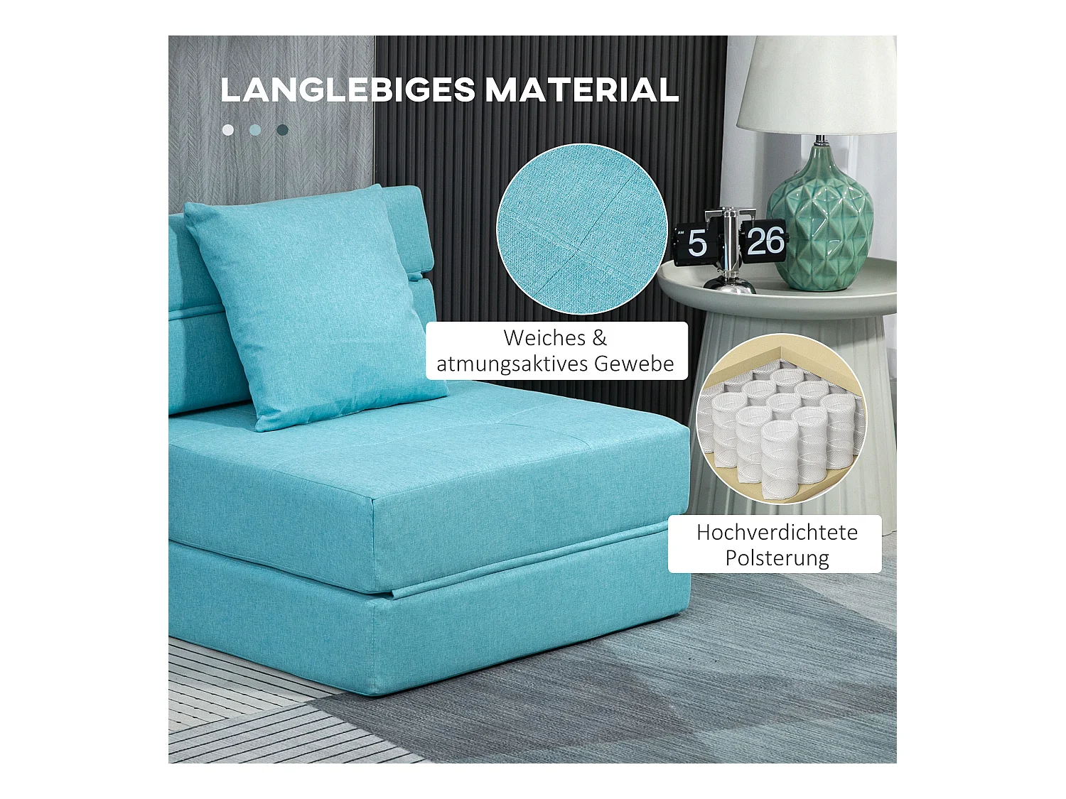 Rubinetto illuminato pliant 2-en-1 in tessuto effetto lino con dossier regolabile e cuscino blu 70x70 cm