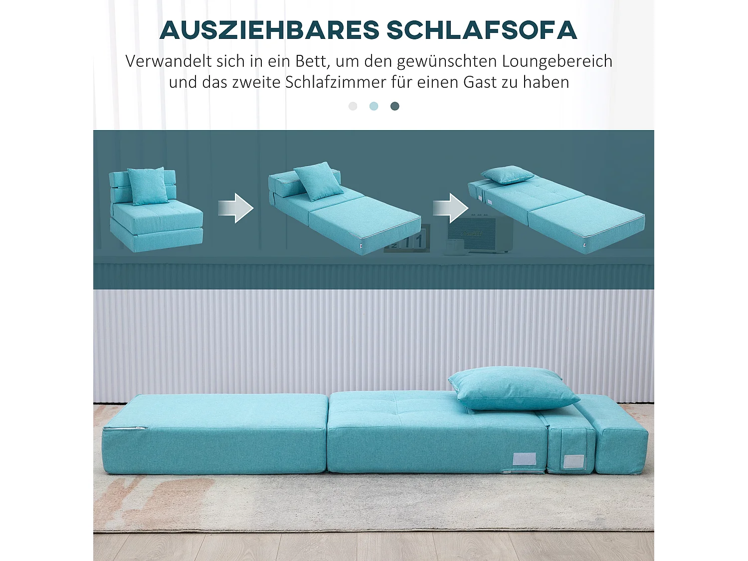 Poltrona-cama dobrável 2 em 1 em tecido efeito linho com encosto ajustável e almofada azul 70x70 cm