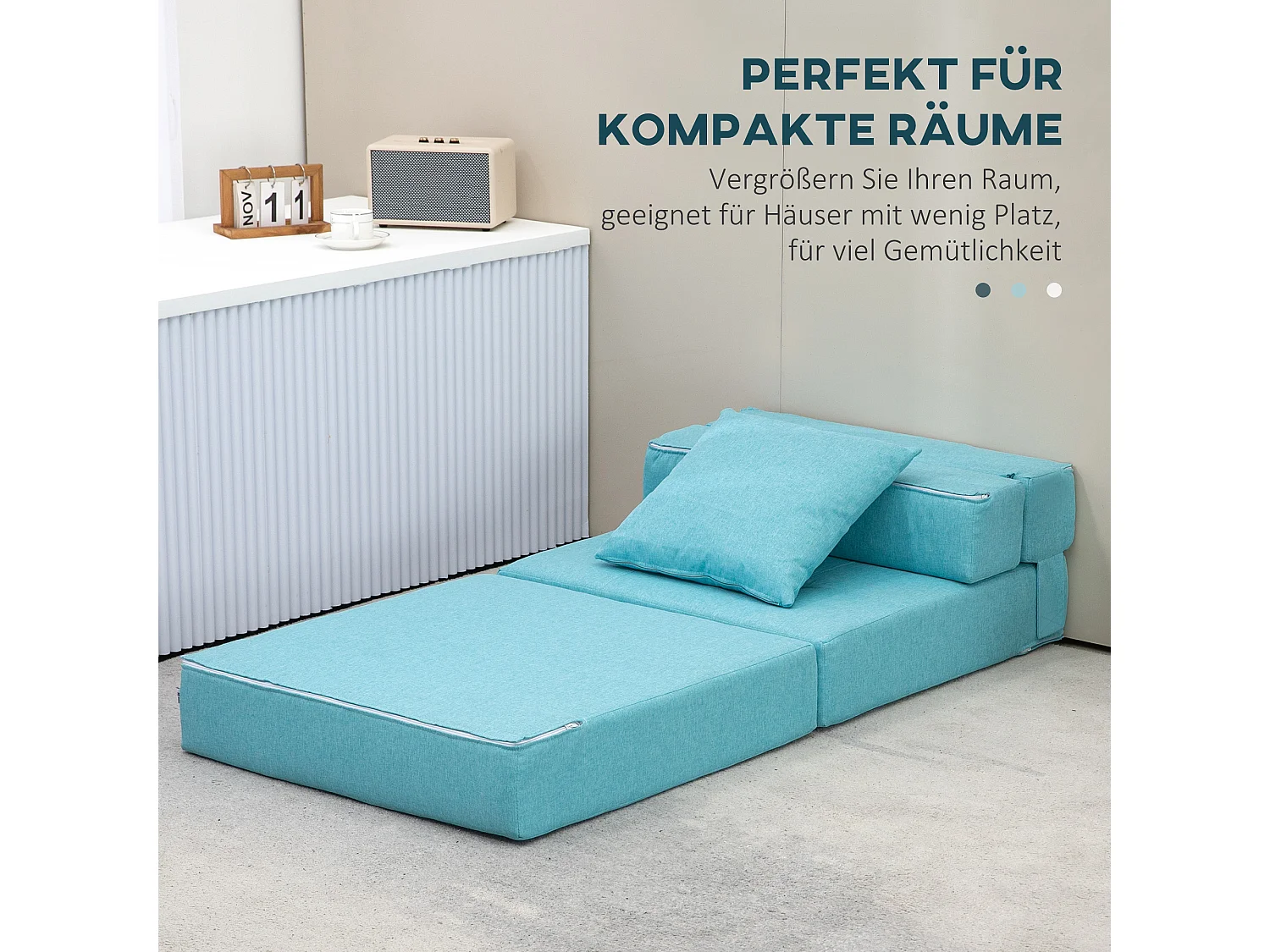 Poltrona-cama dobrável 2 em 1 em tecido efeito linho com encosto ajustável e almofada azul 70x70 cm