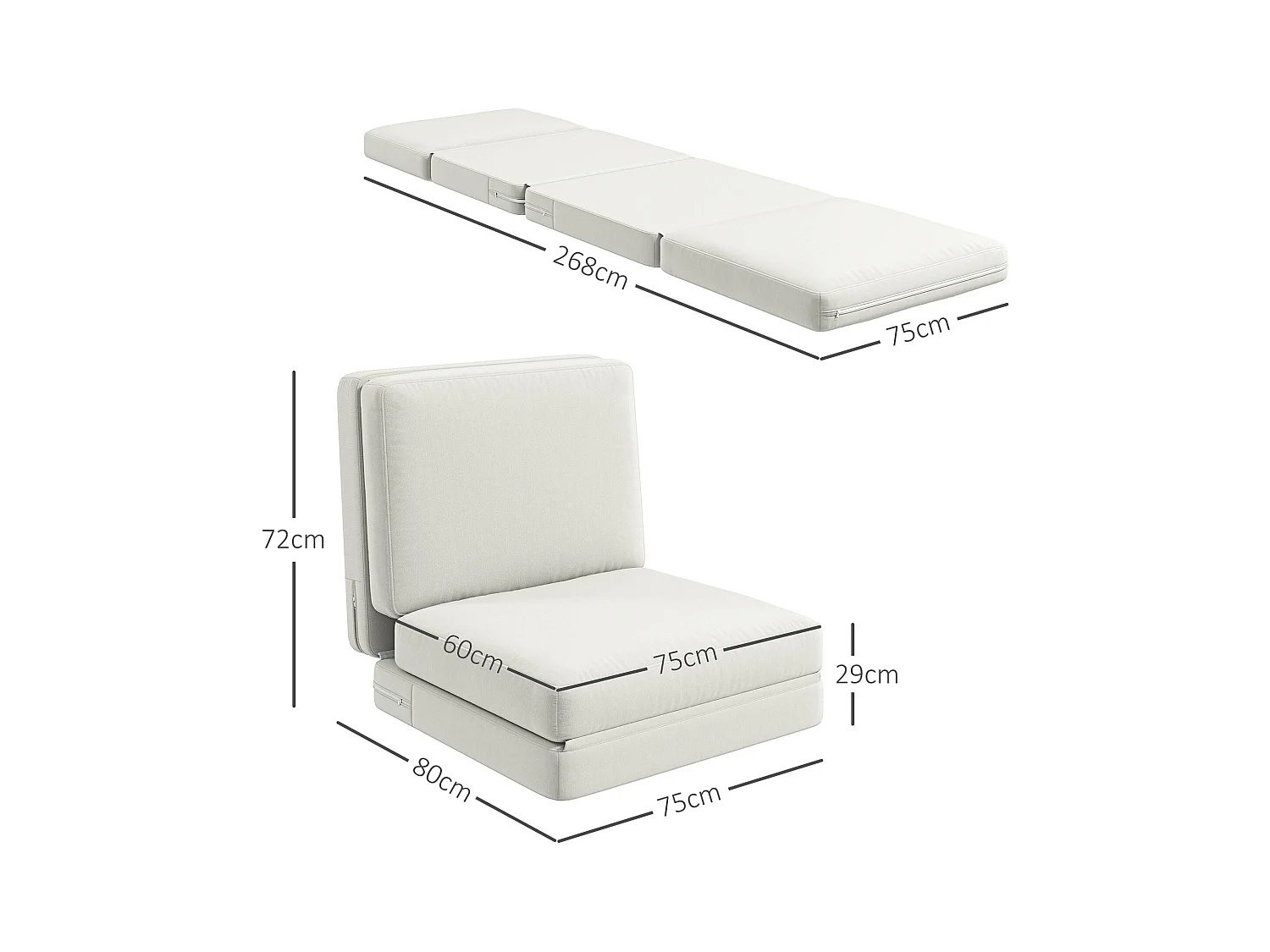 Sofá cama convertible 3 en 1 Bodensofa de terciopelo, tapizado en crema, 240 kg