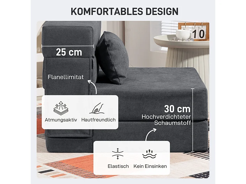 Fauteuil 3‑en‑1 convertibile in flanella con canapé-lit relax con coussin gris foncé