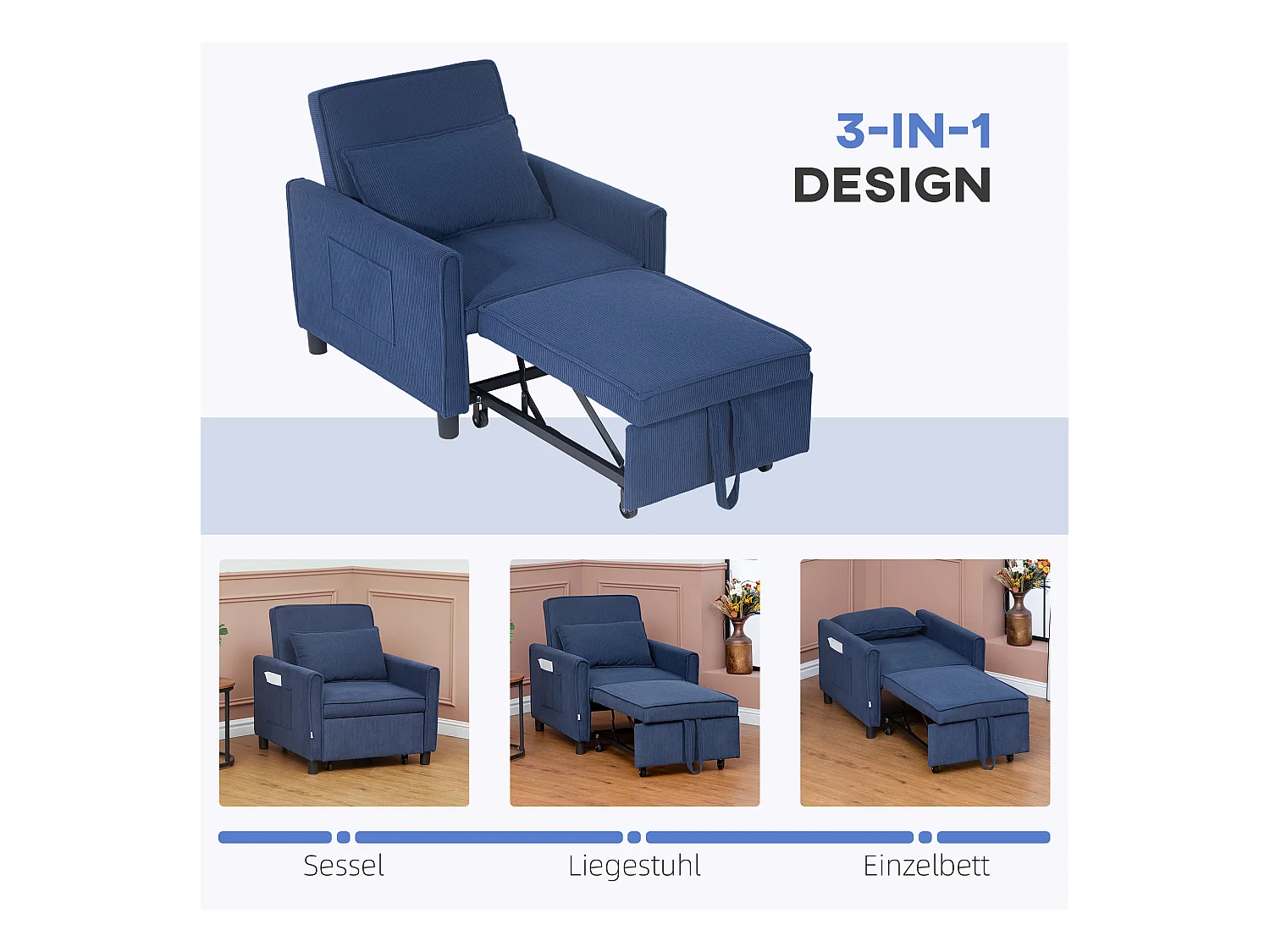 Fauteuil 3-en-1 blu in velluto con lit escamotable, dossier regolabile e roulette