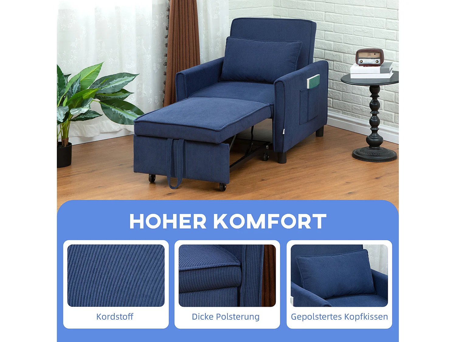 Fauteuil 3-en-1 blu in velluto con lit escamotable, dossier regolabile e roulette